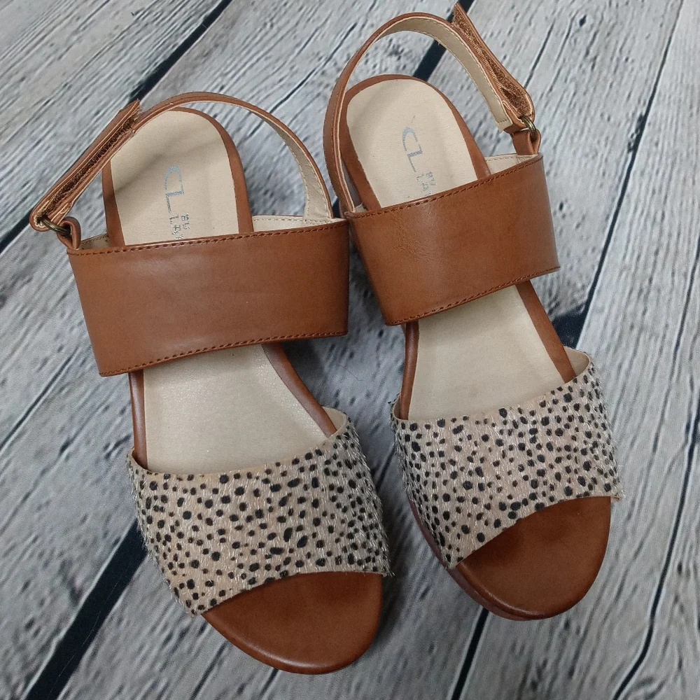 CL by Laundry Tan and Cream Leopard Print Wedge Sandals